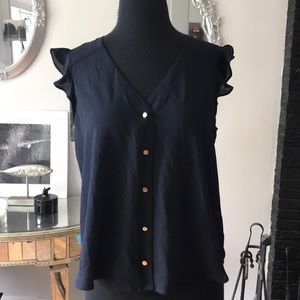 navy flutter sleeve blouse with gold buttons